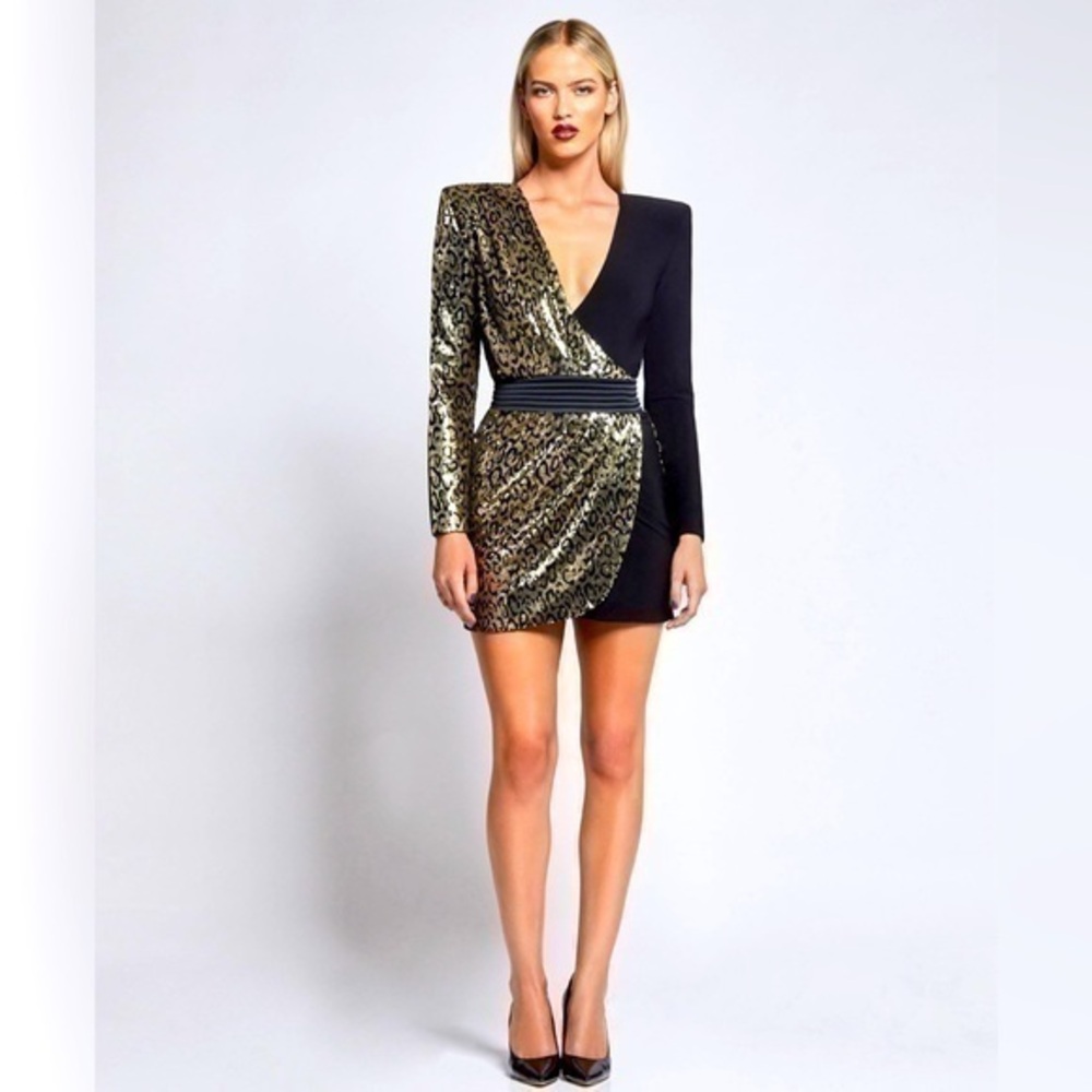 Zhivago Shakedown Mini Dress Gold Sequin Faux Wrap US 2 AU 6